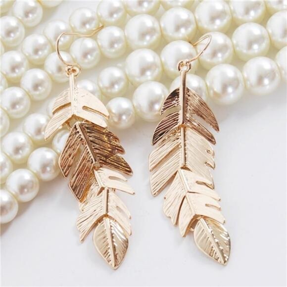 Humble Chic Leaf Earrings - Long Boho Feather Earrings in Gold, Silver, Rose Gol - Picture 3 of 7